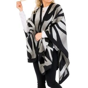 Ming Wang Poncho Wrap Shawl Gray Black Oversized One Size